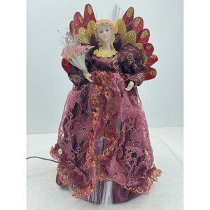 Fiber Optic Angel Tree Topper Porcelain Burgundy Color-changing Christmas 13"